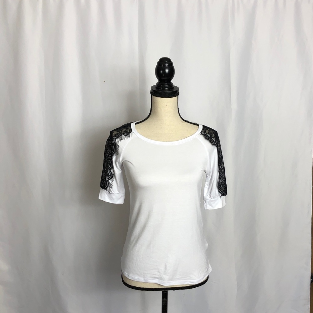 White Blouse with Black lace sleeves NWOT